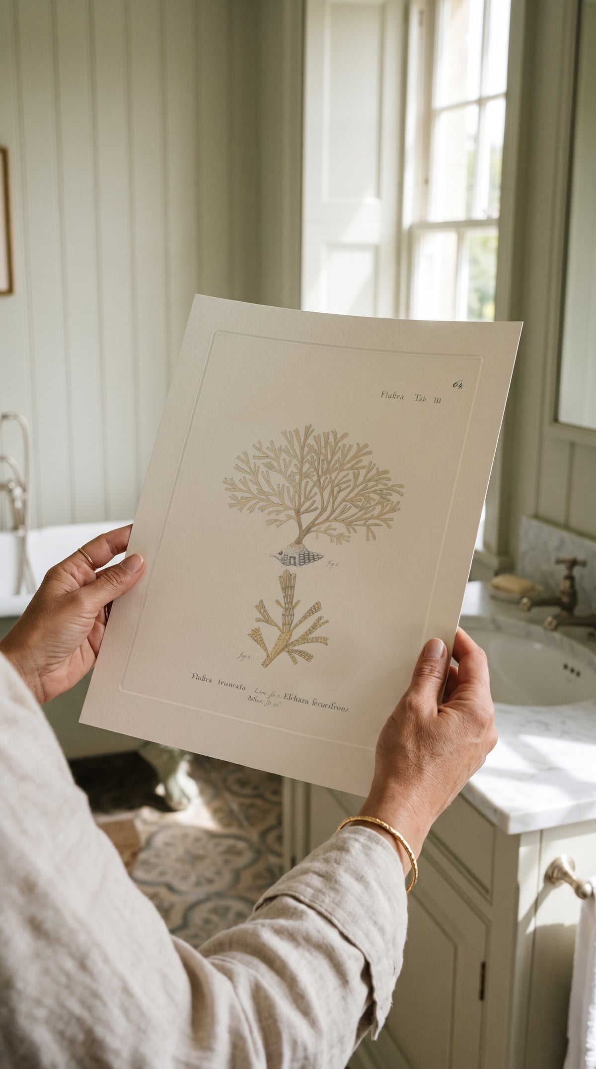 Vintage Cream Coral Spray Print held up in a bright country bathroom with panelled walls