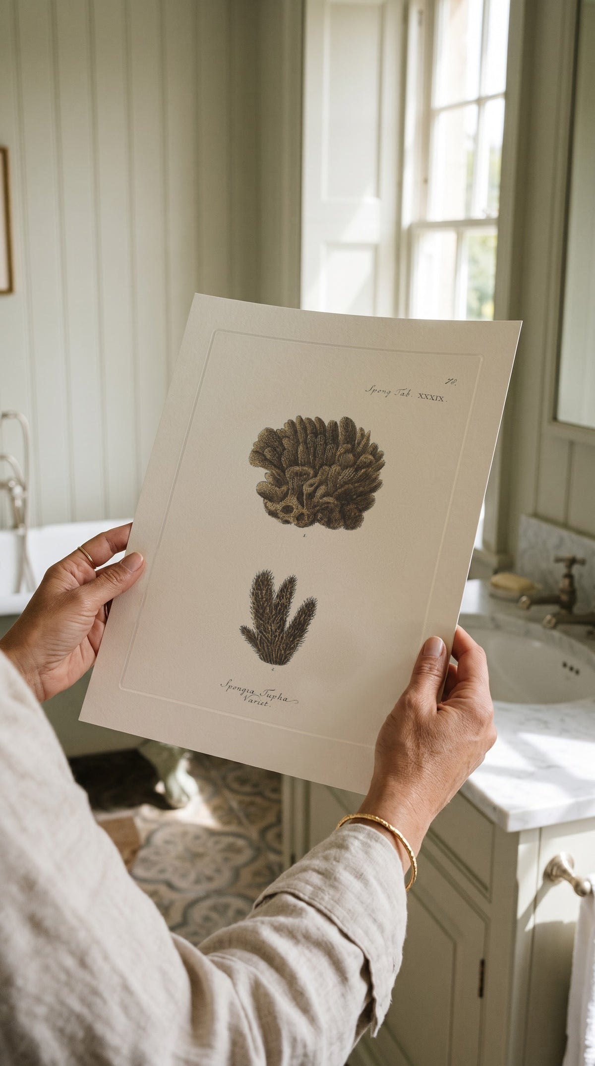 Vintage Tufted Sponge Print held up in a bright country bathroom with panelled walls