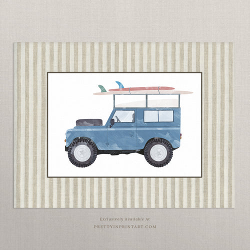 Land Rover Defender Blue Surf Nursery Art Print – Printed Fabric-Look Striped Border, Unframed