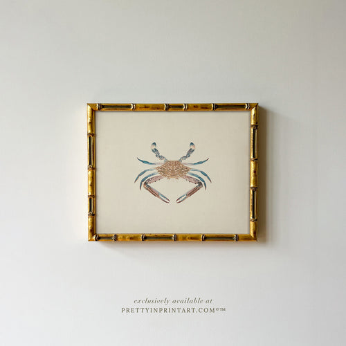 Vintage Crab Art Print – Chinoiserie Style, Framed in Gold Bamboo Frame for Bathroom Wall Art