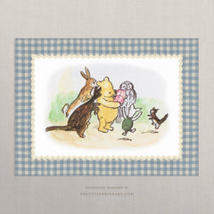 Winnie the Pooh Nursery Art Print – Vintage Storybook Wall Art with Printed Fabric-Look Border, Unframed (006)