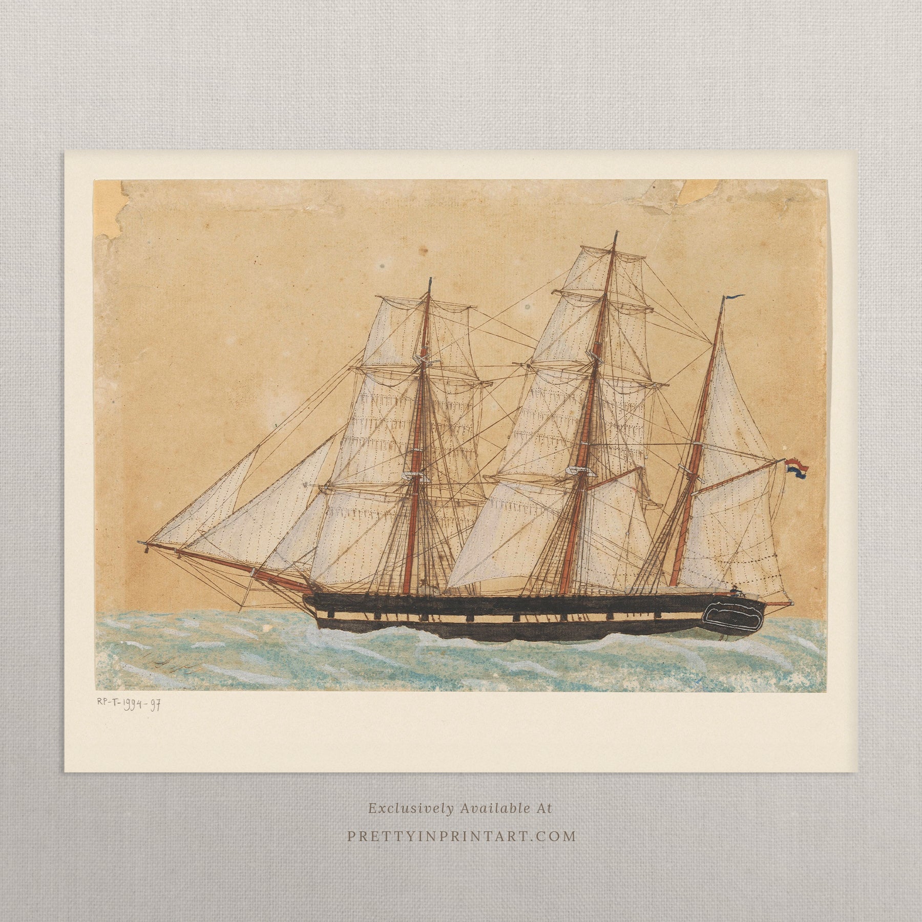 Elegant antique sailing boat sketch print for vintage coastal and nautical interior wall decor