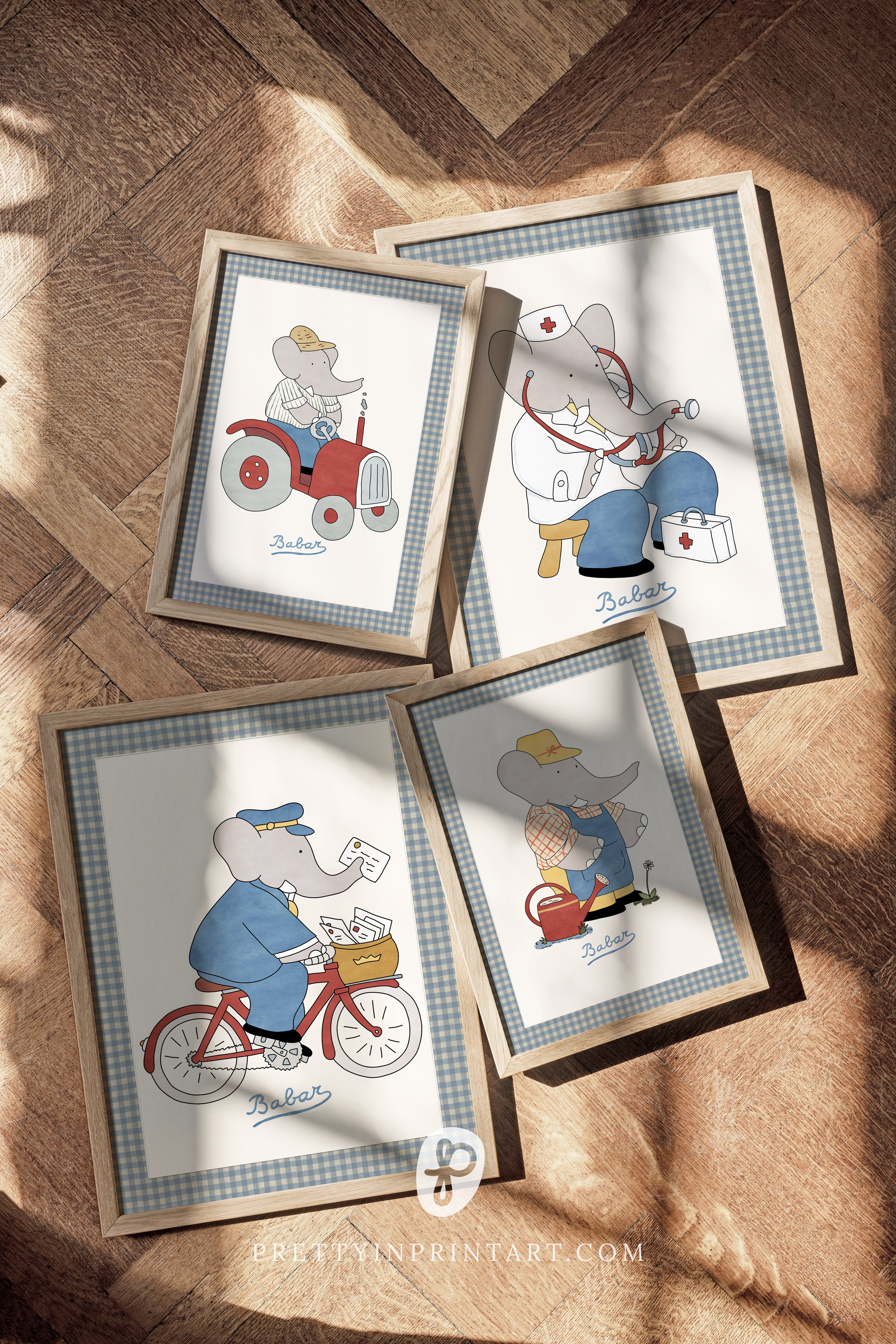 Framed Babar the Elephant as a doctor nursery wall art print with fabric-look border, vintage retro kids room decoration, literary storybook illustration

