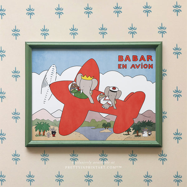 Babar En Avion Art Print | Green Frame (Calke Green Farrow & Ball 00303)