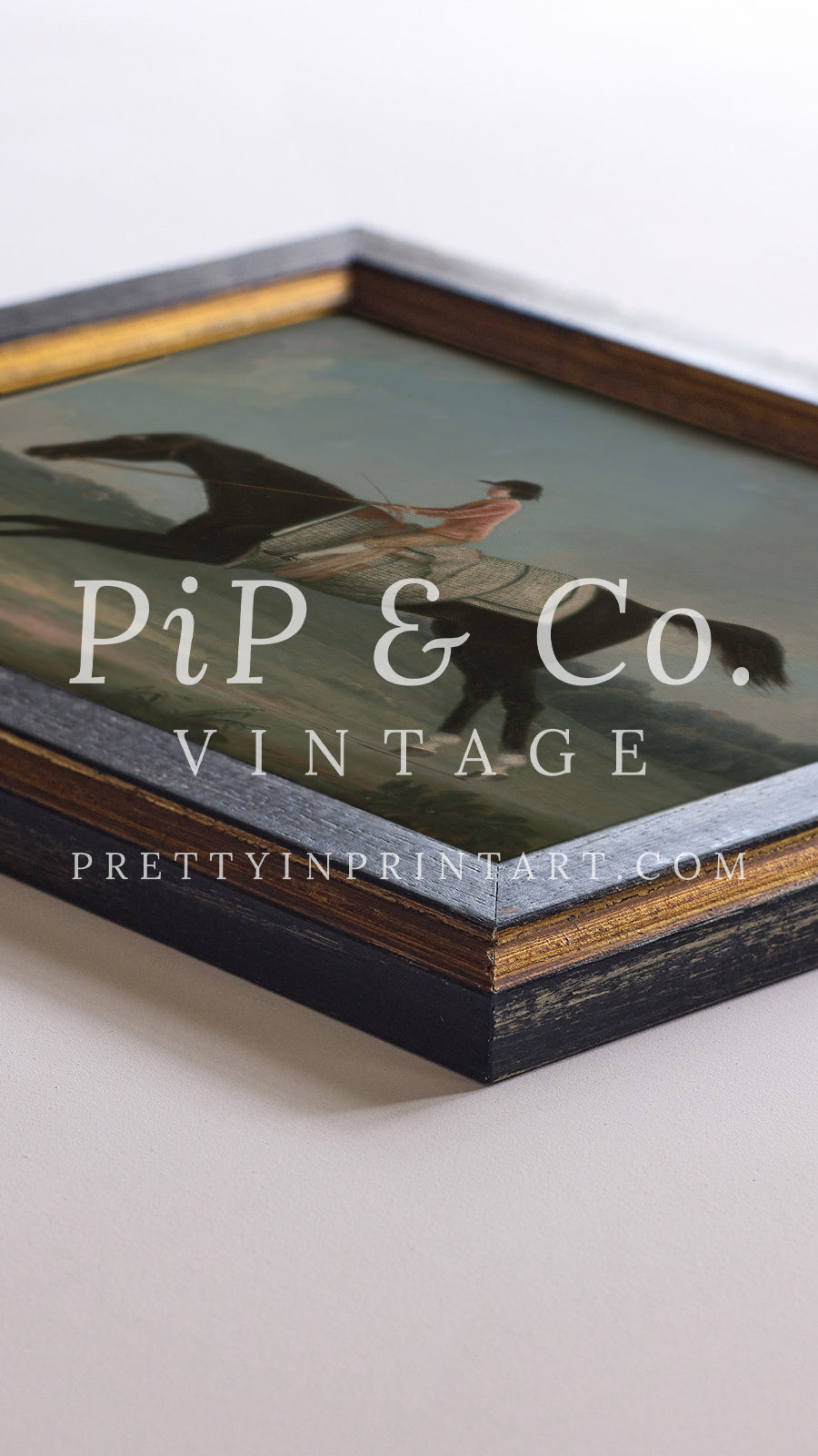 framed-vintage-race-horse-art-print-distressed-black-frame-with-antique-gold-detailing-equestrian-wall-art-traditional-english-country-home-decor