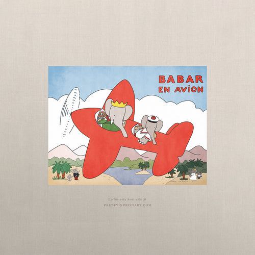 Babar En Avion Art Print – Babar the Elephant in Red Aeroplane, Vintage Nursery Wall Art Poster, Unframed