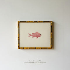 Vintage Fish Art Print – Framed in Gold Bamboo Frame, Coastal Bathroom Wall Art (00709, 0178)