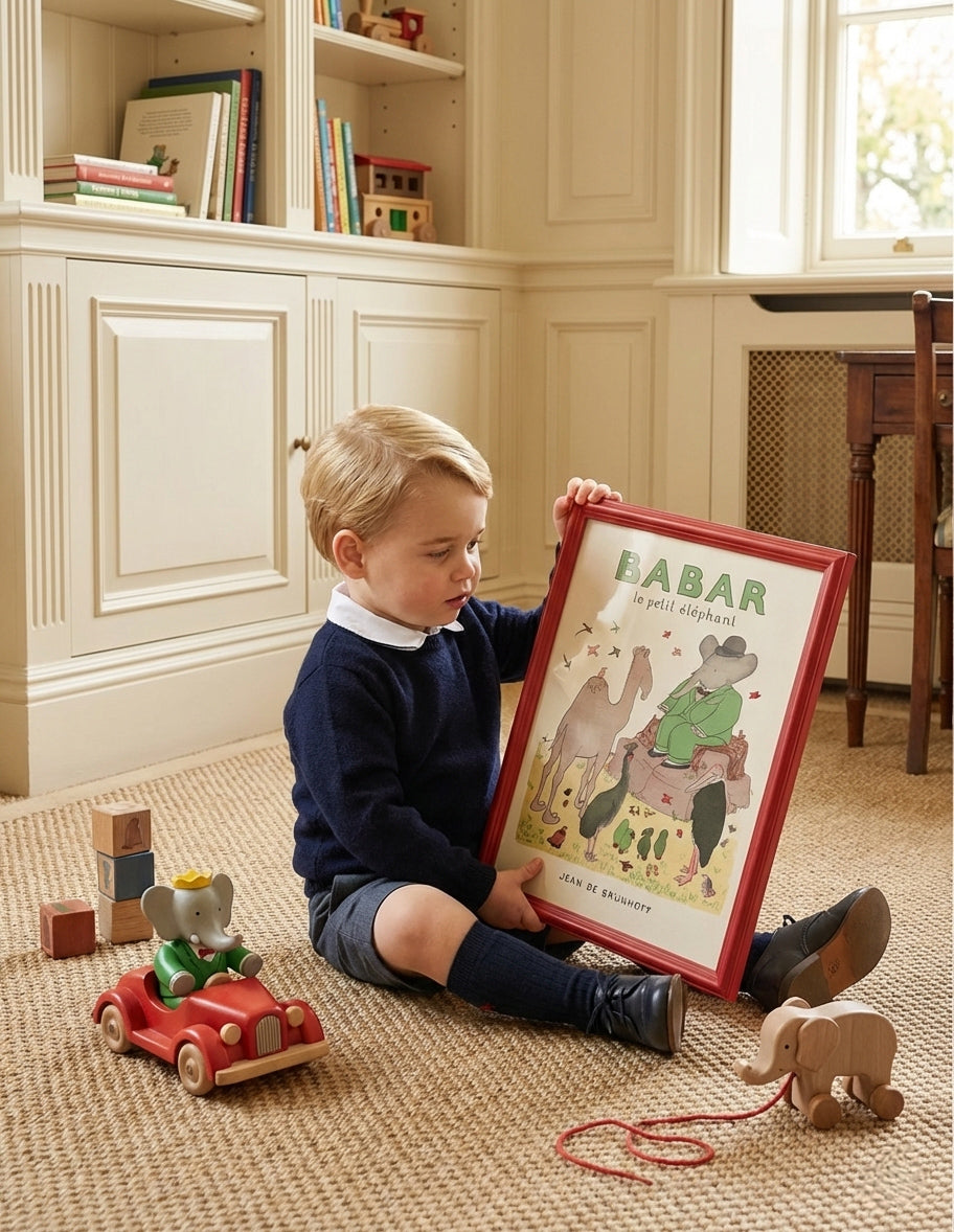 Babar Nursery Art |  Framed (Incarnadine Red Farrow & Ball 00303)