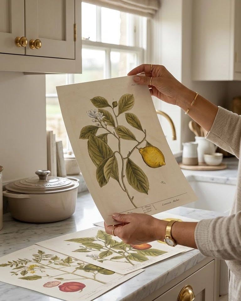A person in a bright kitchen holds up a vintage botanical art print featuring a lemon and leaves, with another print laid out on the marble countertop below.