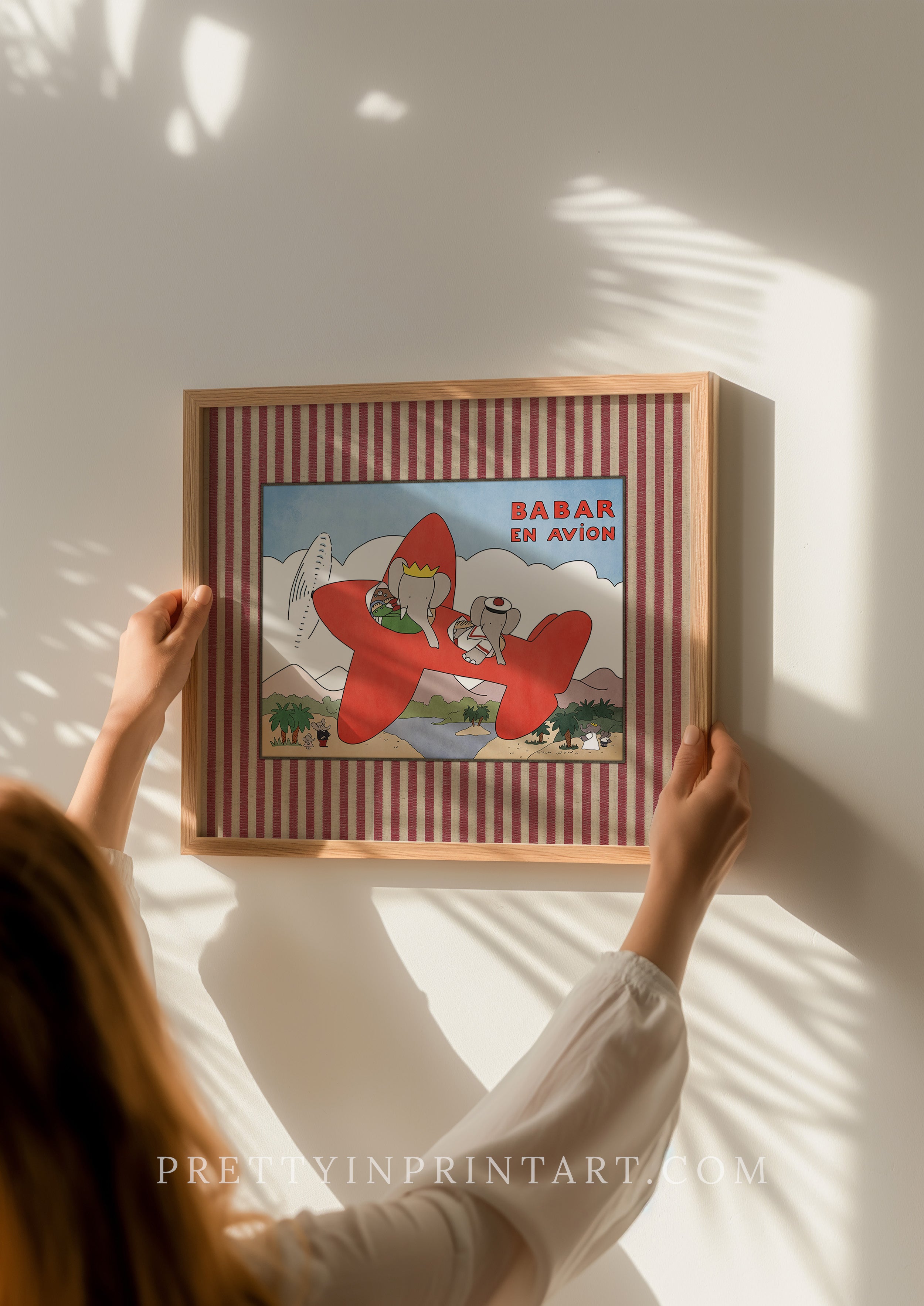 framed-babar-nursery-art-red-plane-elephant-vintage-wall-print