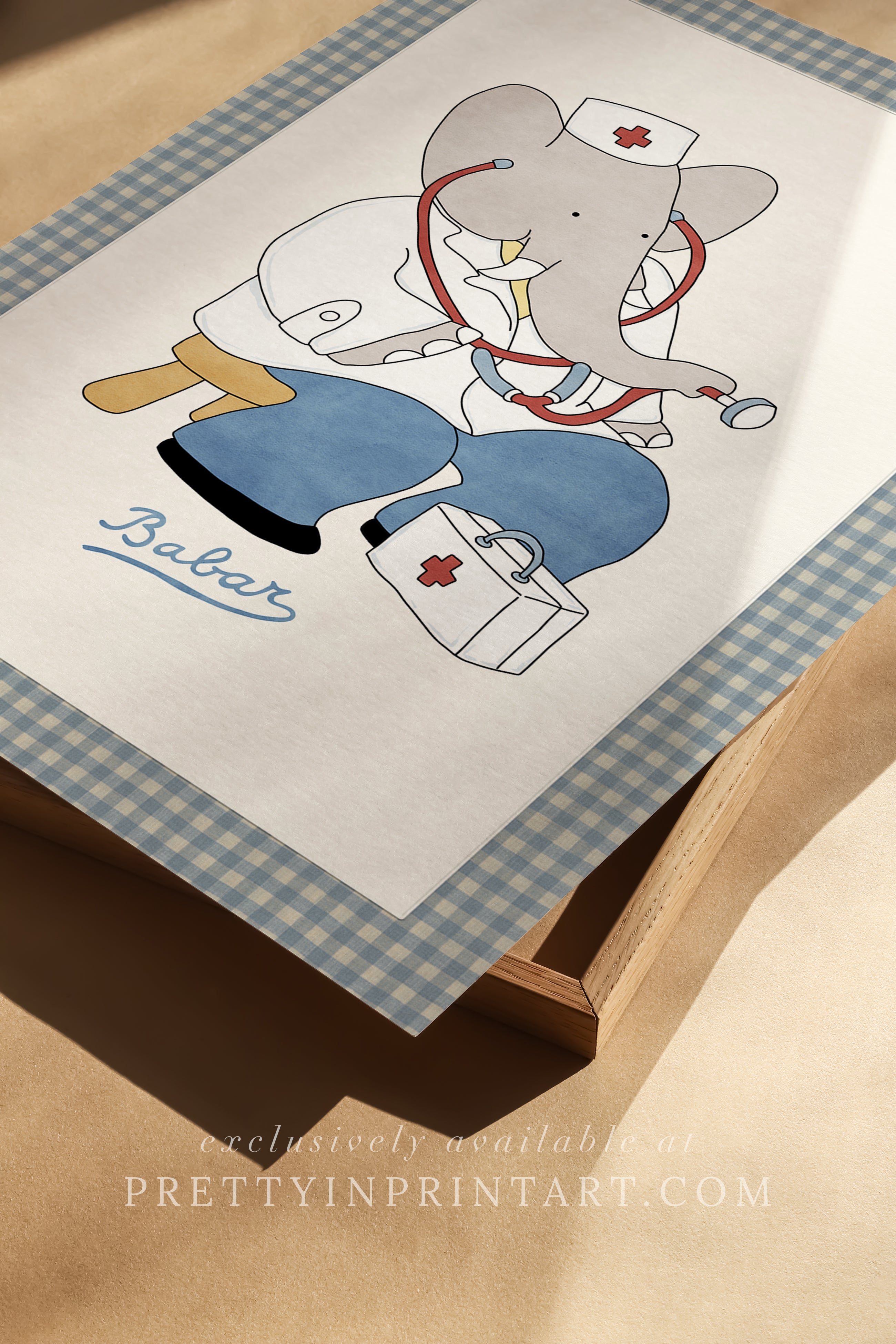 Babar the Elephant as a doctor nursery art print with printed fabric-look border, vintage retro kids room decor, literary nursery wall art

