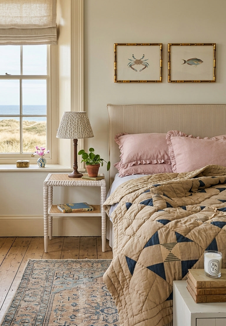 A styled bedroom scene featuring a beige quilted bedspread with navy geometric triangle patterns, pink pillows, a white side table with a lamp and plant, and two framed nature prints on the wall above the bed.