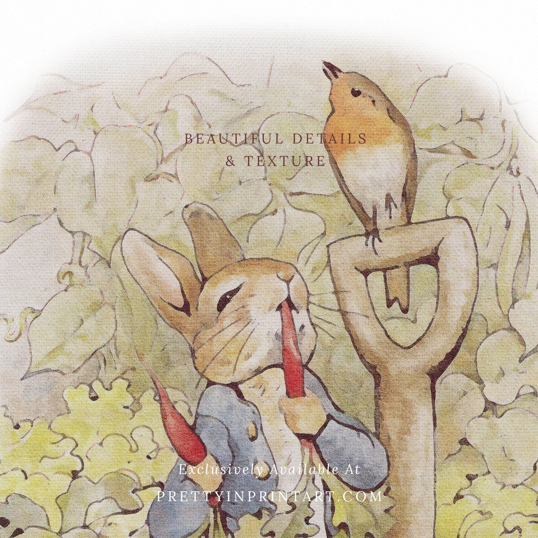 vintage Beatrix Potter nursery art print featuring Peter Rabbit in ornate gold picture frame, perfect for classic baby room decor