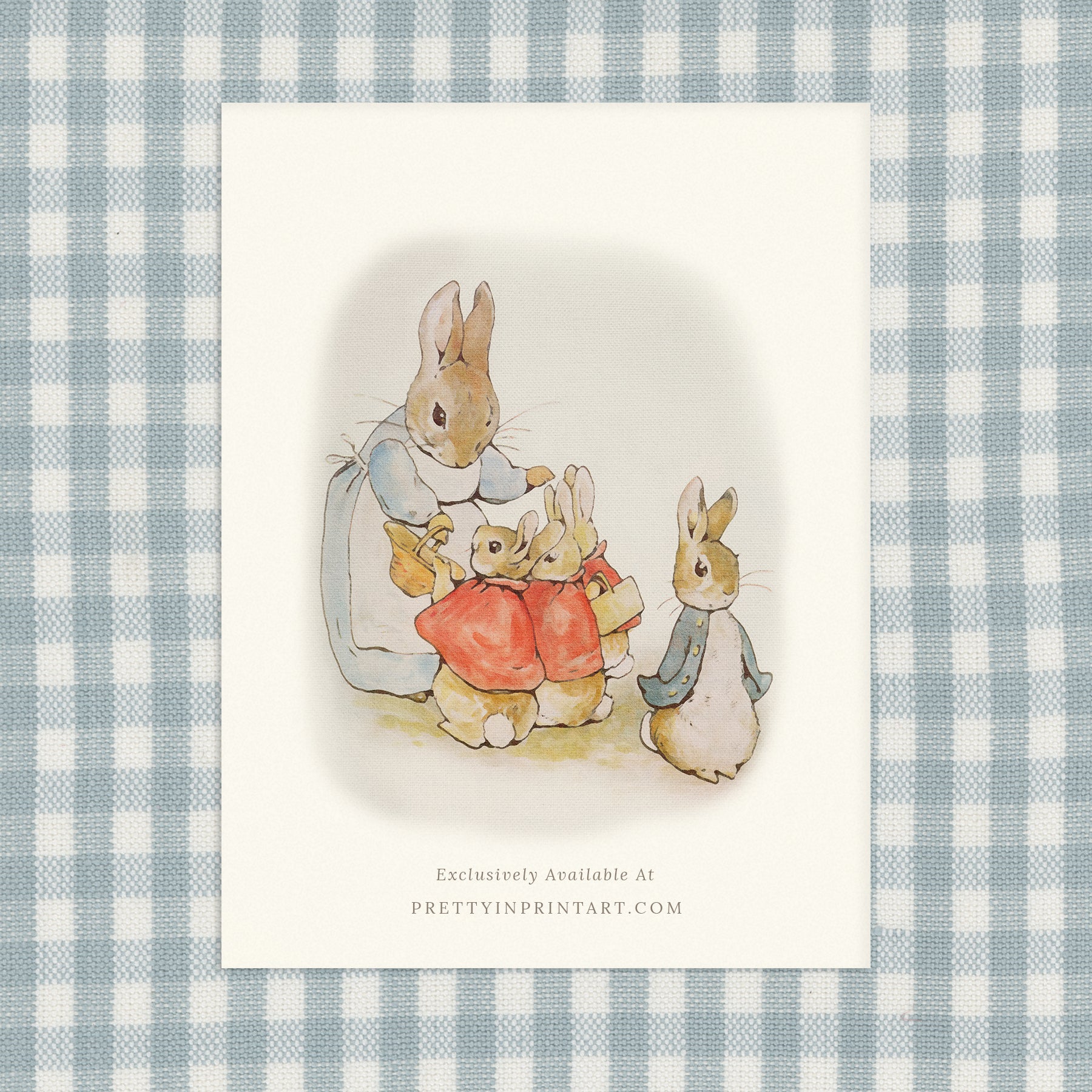 vintage Beatrix Potter nursery art print featuring Peter Rabbit in ornate gold picture frame, perfect for classic baby room decor