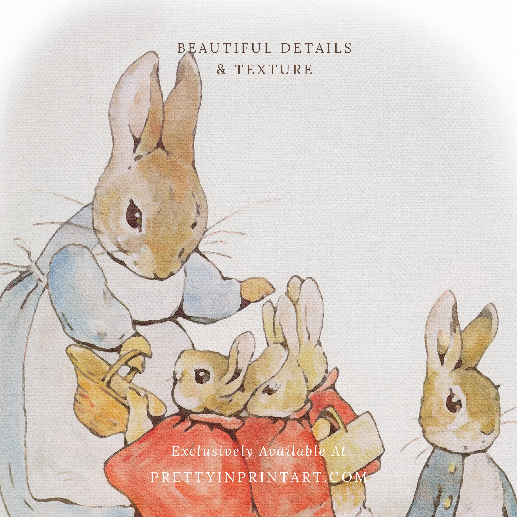 vintage Beatrix Potter nursery art print featuring Peter Rabbit in ornate gold picture frame, perfect for classic baby room decor