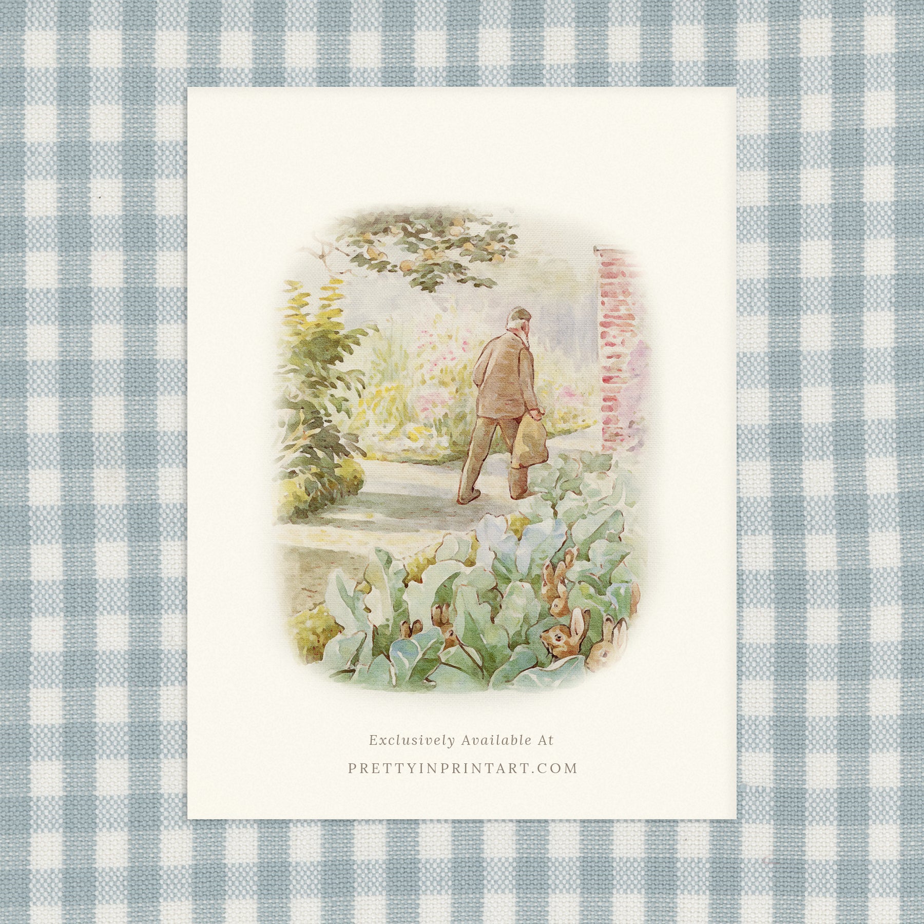 vintage Beatrix Potter nursery art print featuring Peter Rabbit in ornate gold picture frame, perfect for classic baby room decor