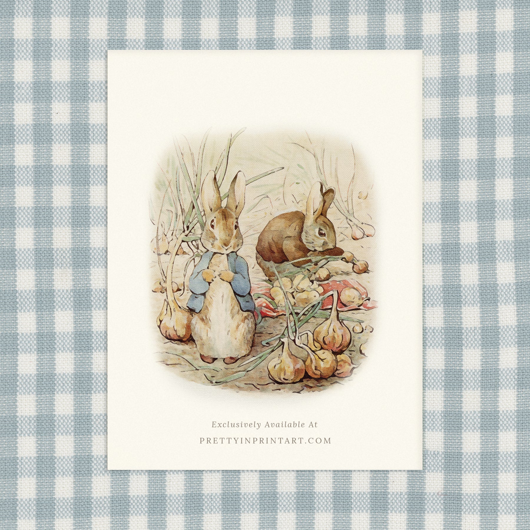 vintage Beatrix Potter nursery art print featuring Peter Rabbit in ornate gold picture frame, perfect for classic baby room decor