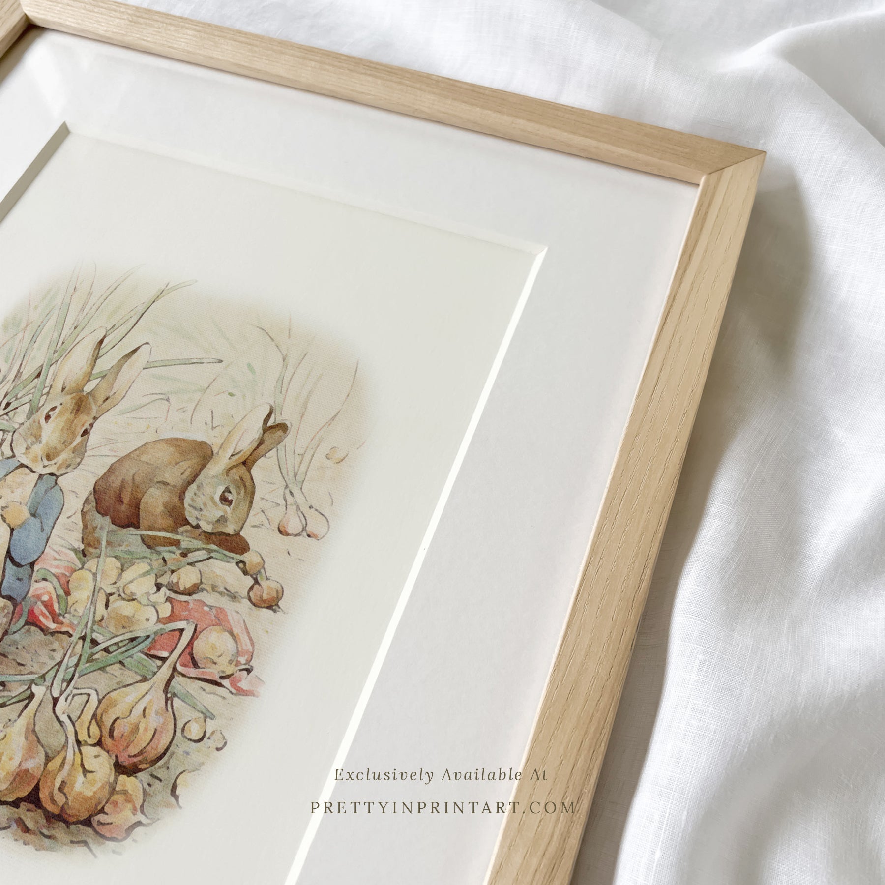 vintage Beatrix Potter nursery art print featuring Peter Rabbit in ornate gold picture frame, perfect for classic baby room decor