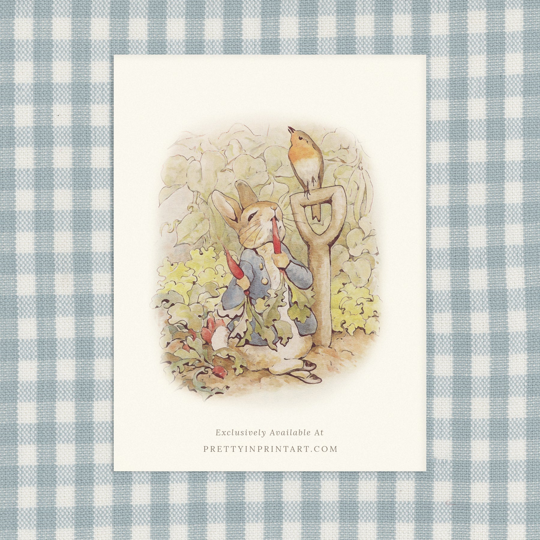 vintage Beatrix Potter nursery art print featuring Peter Rabbit in ornate gold picture frame, perfect for classic baby room decor
