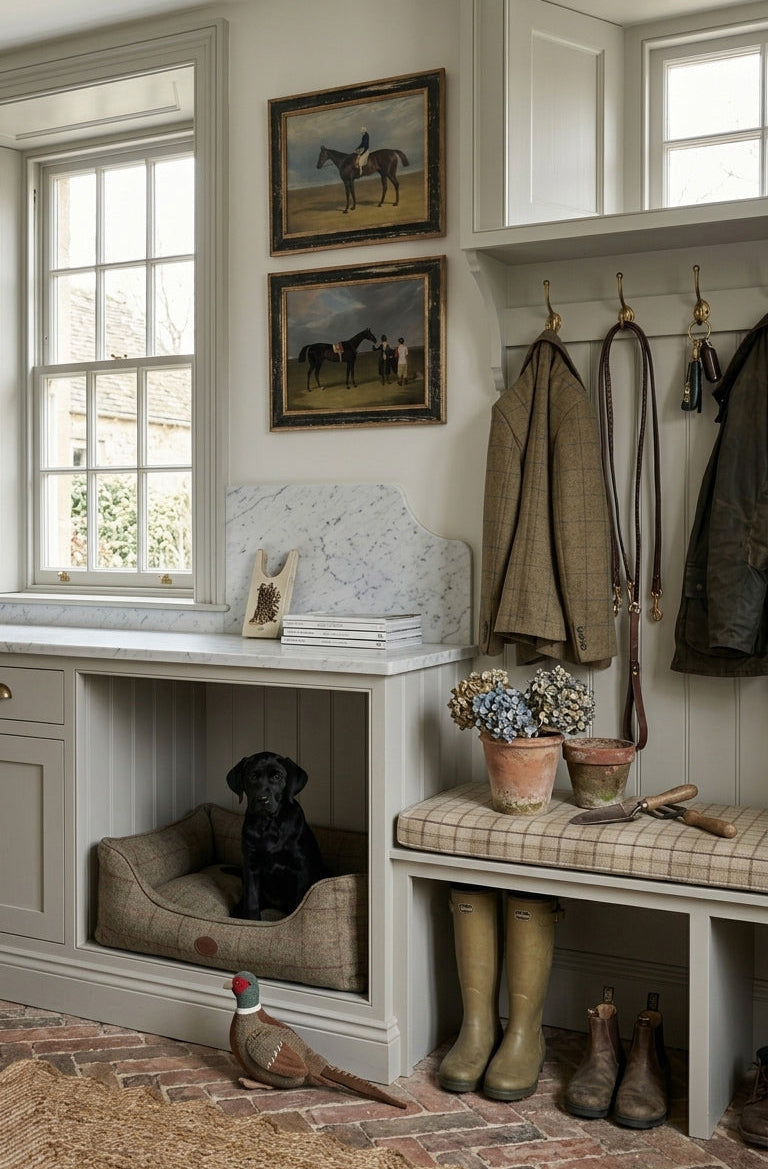 A rustic country-style mudroom featuring a built-in bench with a plaid cushion, green rain boots, horse paintings on the wall, and a dog sitting in a pet bed under a window.
