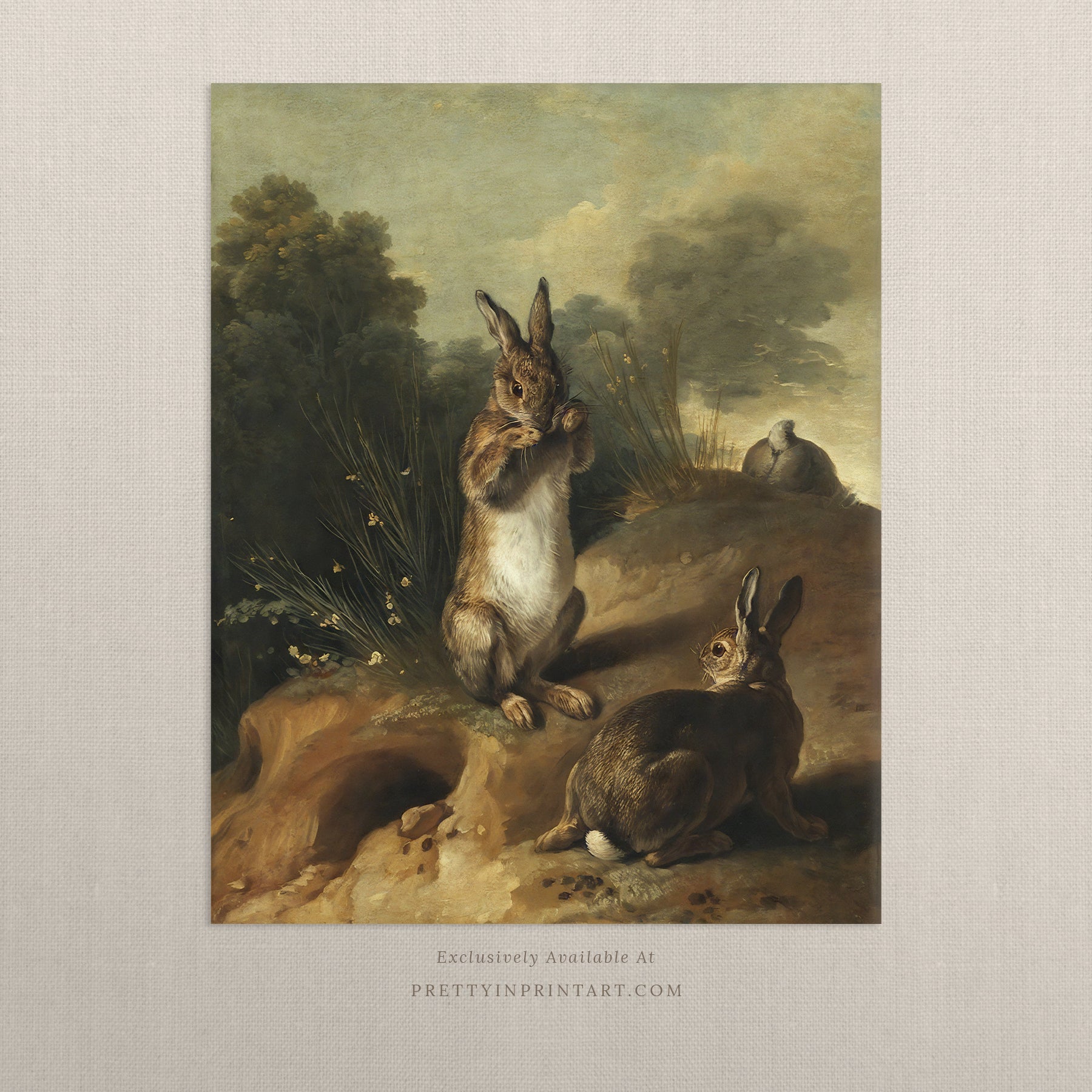 Vintage bunny rabbit art print featuring antique-style animal illustration, perfect for nursery or children's room decor.