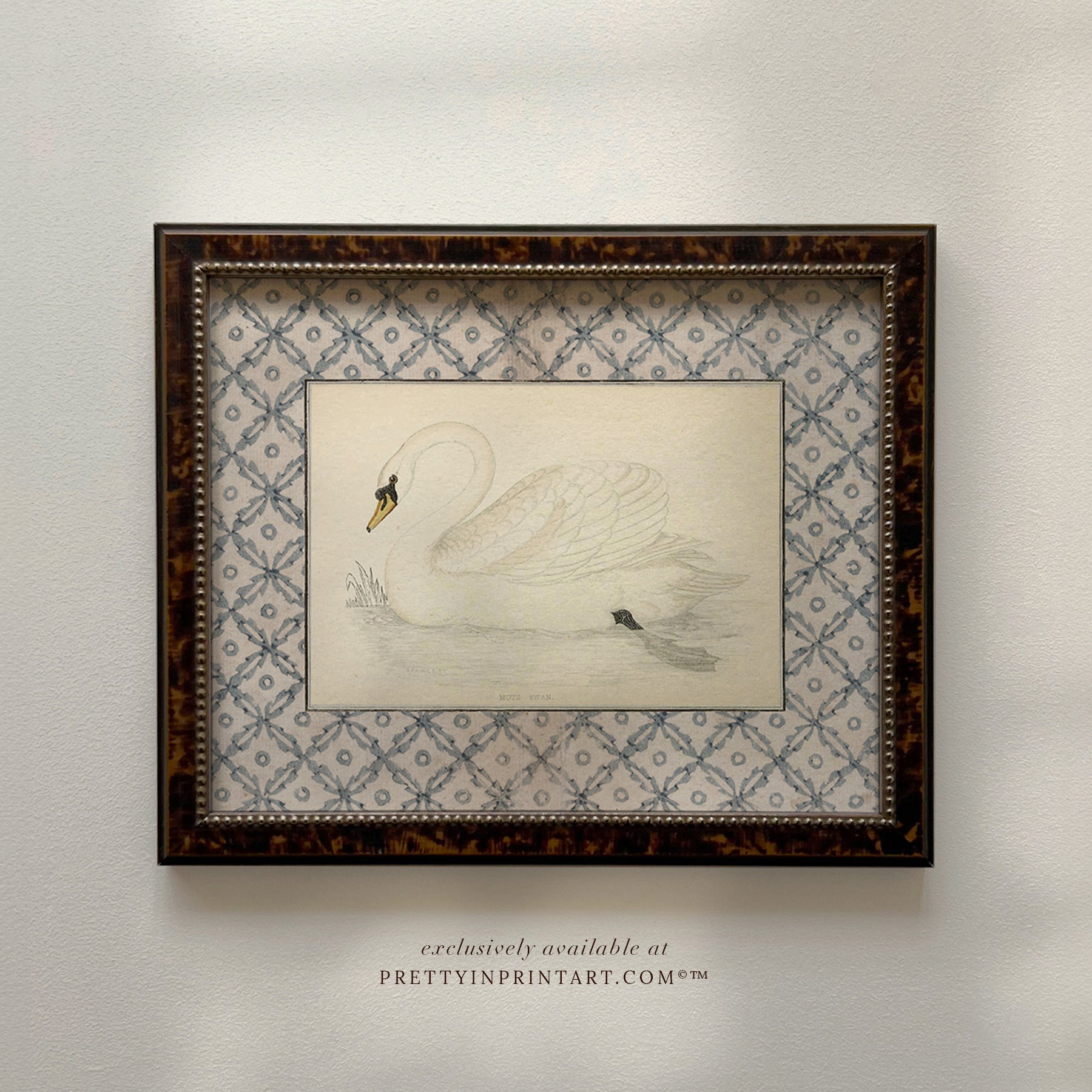 framed-vintage-swan-art-print-in-antique-style-tortoise-frame-giclee-nursery-wall-decor-whimsical-baby-room