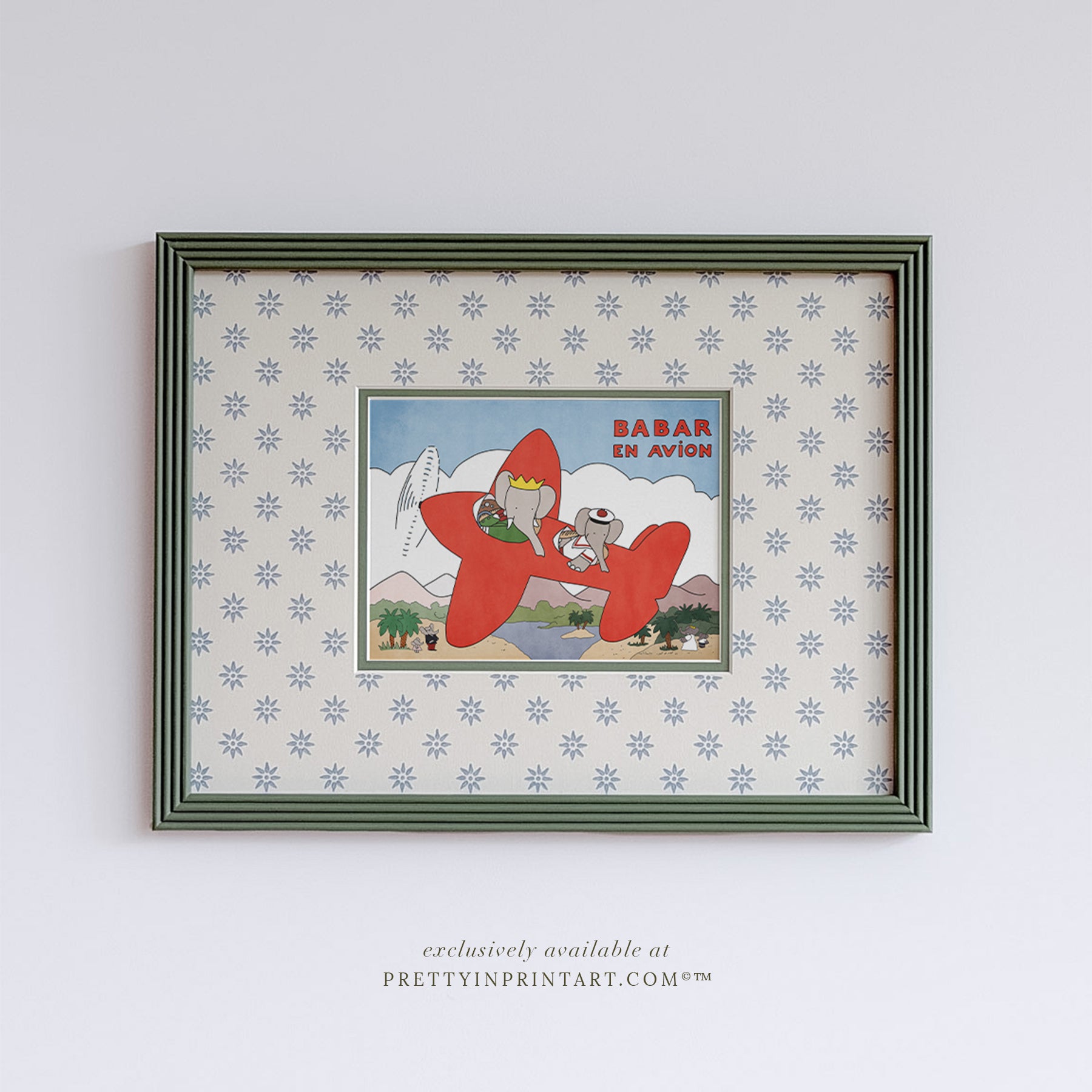 Babar Avion Nursery Art in Green Hand Painted Frame | Wallpapered Mount