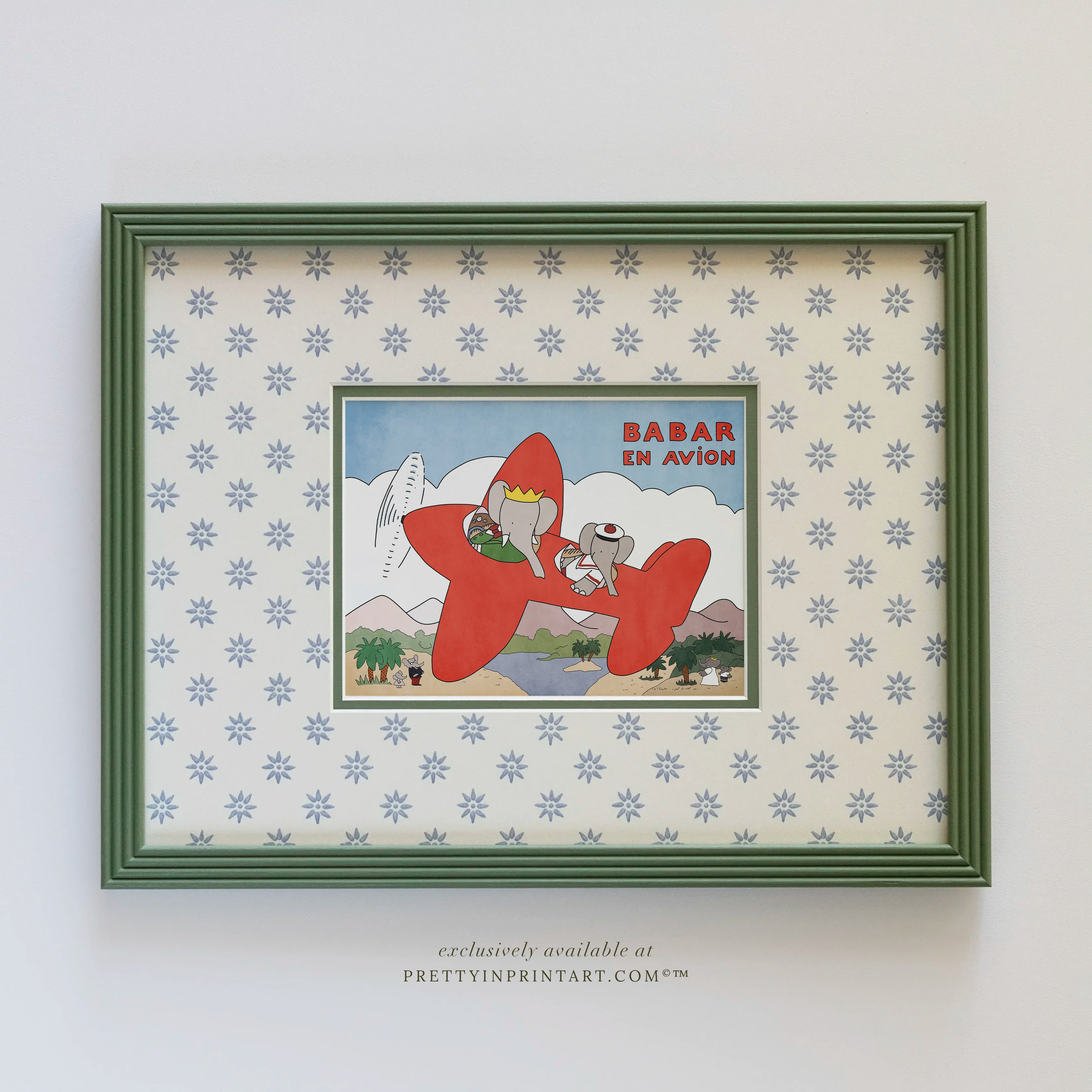Babar Avion Nursery Art in Green Hand Painted Frame | Wallpapered Mount