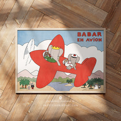 Babar the Elephant En Avion Art Print – Vintage Storybook Wall Art in Aeroplane, Framed
