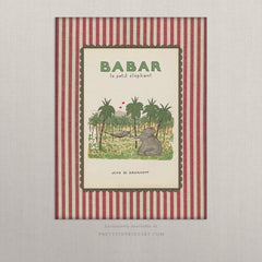 Babar the Elephant Nursery Art Print – Vintage Book Illustration with Printed Linen-Look Border, Unframed (009)