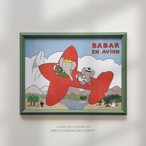 Babar En Avion Art Print | Green Frame (Calk Green Farrow & Ball 00303)