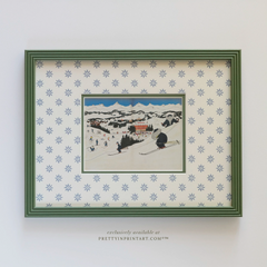 Babar Skiing Nursery Art in Green Hand Painted Frame | Wallpapered Mount
