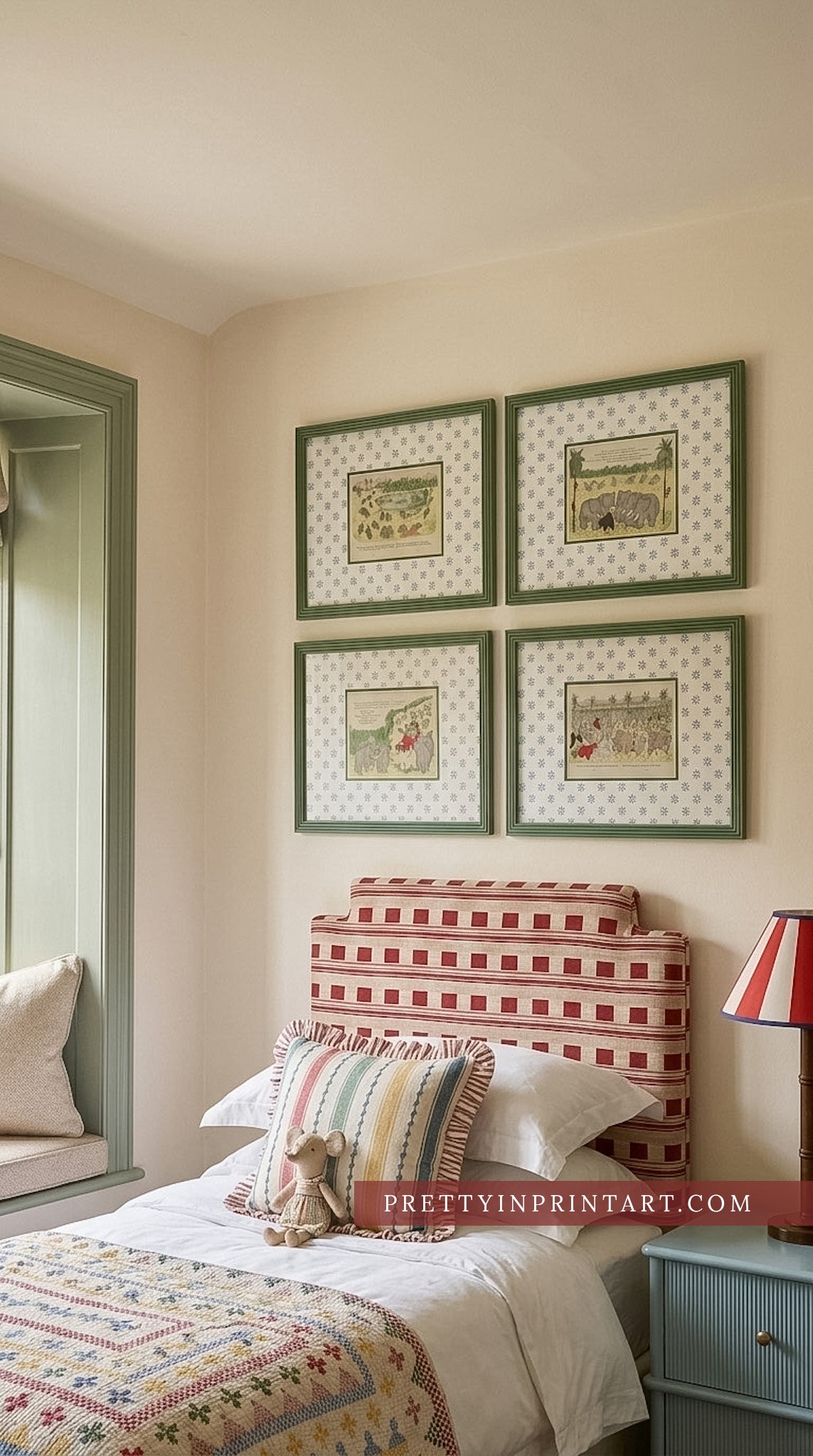 Babar Nursery Art Print in Green Hand Painted Frame | Wallpapered Mount (002)