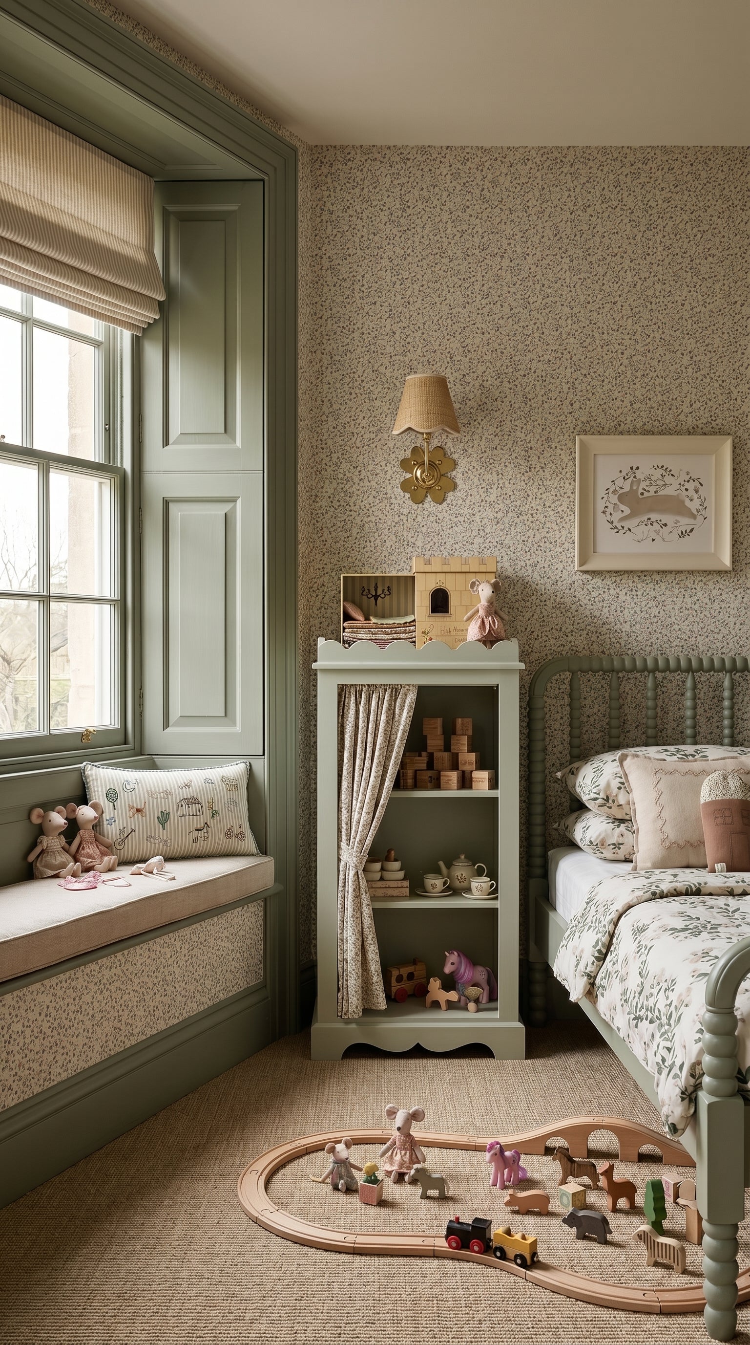 A styled children's bedroom featuring a window seat with a beige cushion, a light green scalloped edge toy cabinet, a bobbin bed, floral wallpaper, sisal carpet in kids bedroom, nursery. Floral bed linen, sage green paint, and pastel shades. Cute bunny rabbit art on the wall and a Matilda Goad rattan lampshade with brass clover wall light fixing.