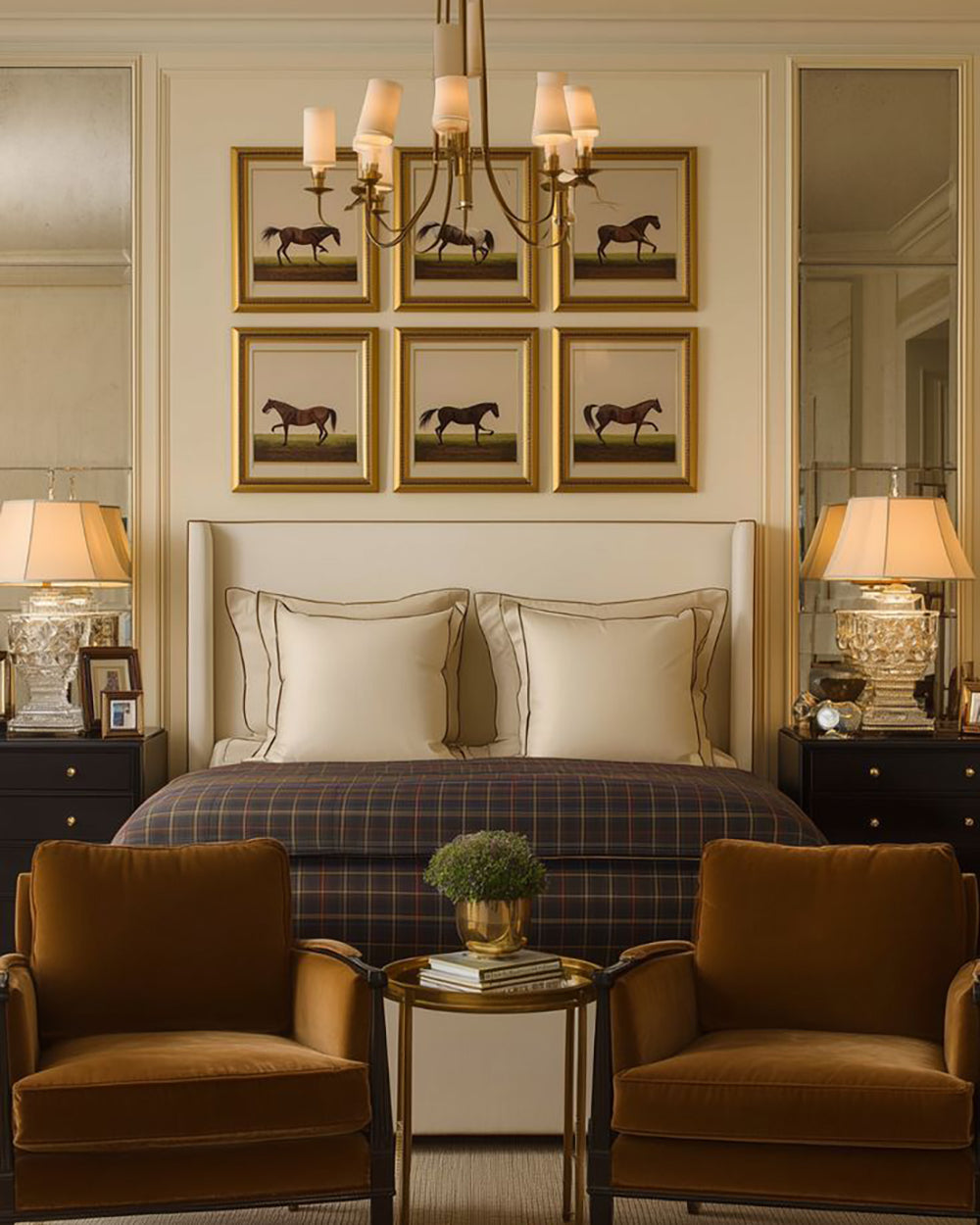 Framed prints in a hotel bedroom.