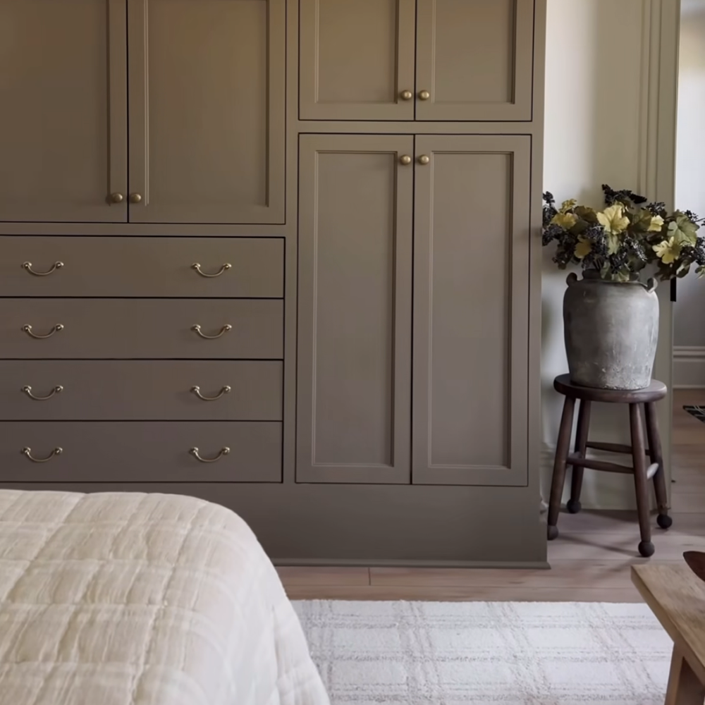 Neutral Ikea PAX wardrobes.