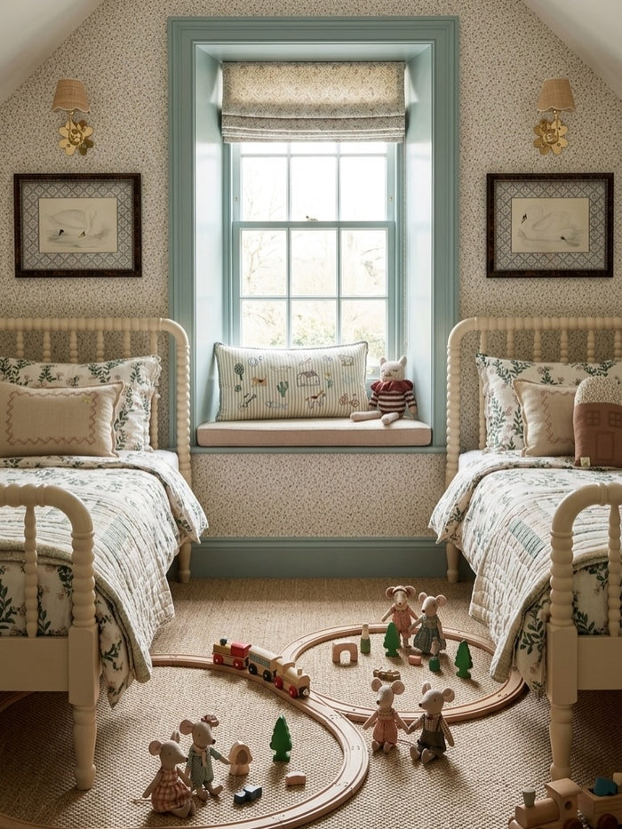 Attic bedroom with a pair of vintage swan prints