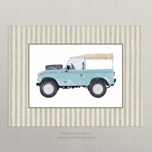 Land Rover Defender Safari Nursery Art Print – Printed Fabric-Look Striped Border, Unframed