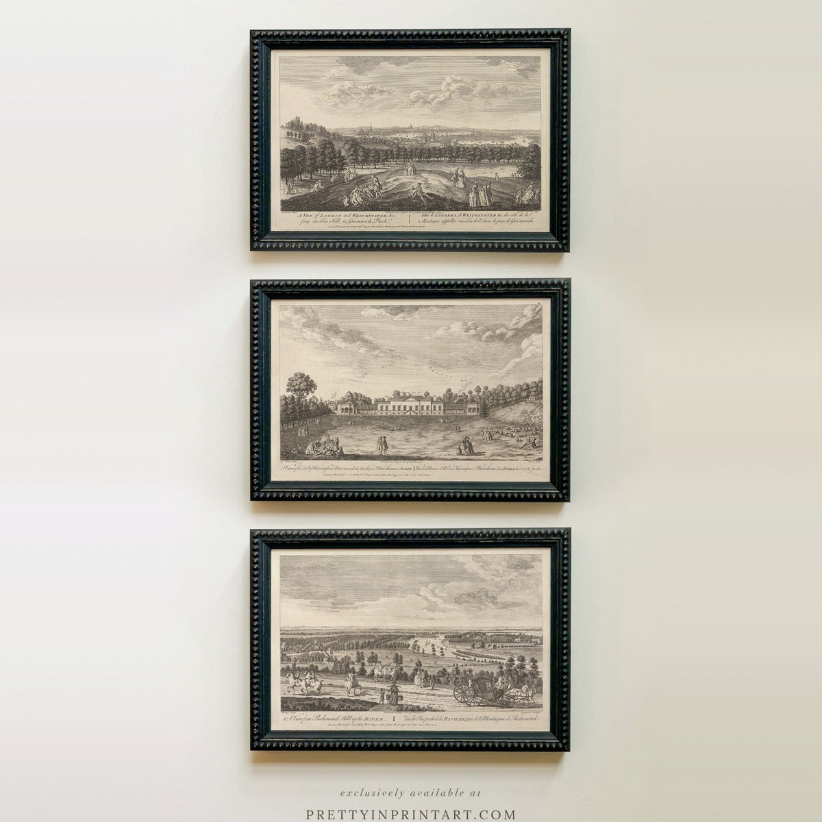 Set of three vintage London landscape etchings – Greenwich Park, Petersham and Richmond Hill – in black beaded frames