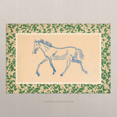 Blue Watercolour Horse Nursery Art Print – Vintage Scalloped Border Wall Art for Kids Room, Unframed (00637)