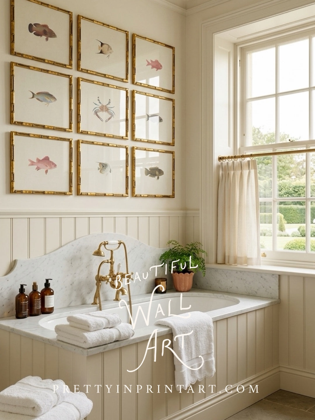 Set of 9 Vintage Fish Art Print (0070) in Gold Bamboo Frame (0178)