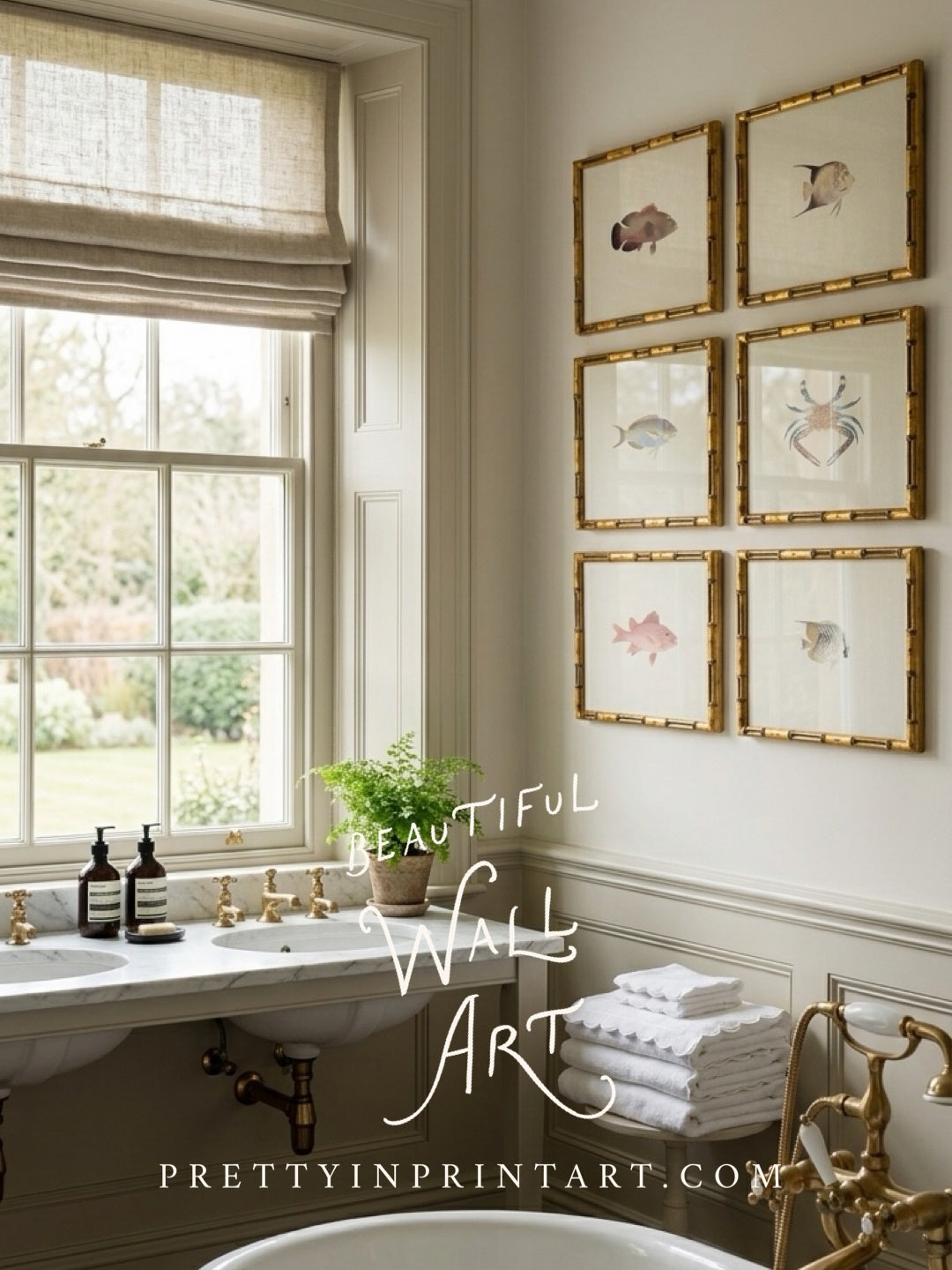 Set of 9 Vintage Fish Art Print (0070) in Gold Bamboo Frame (0178)