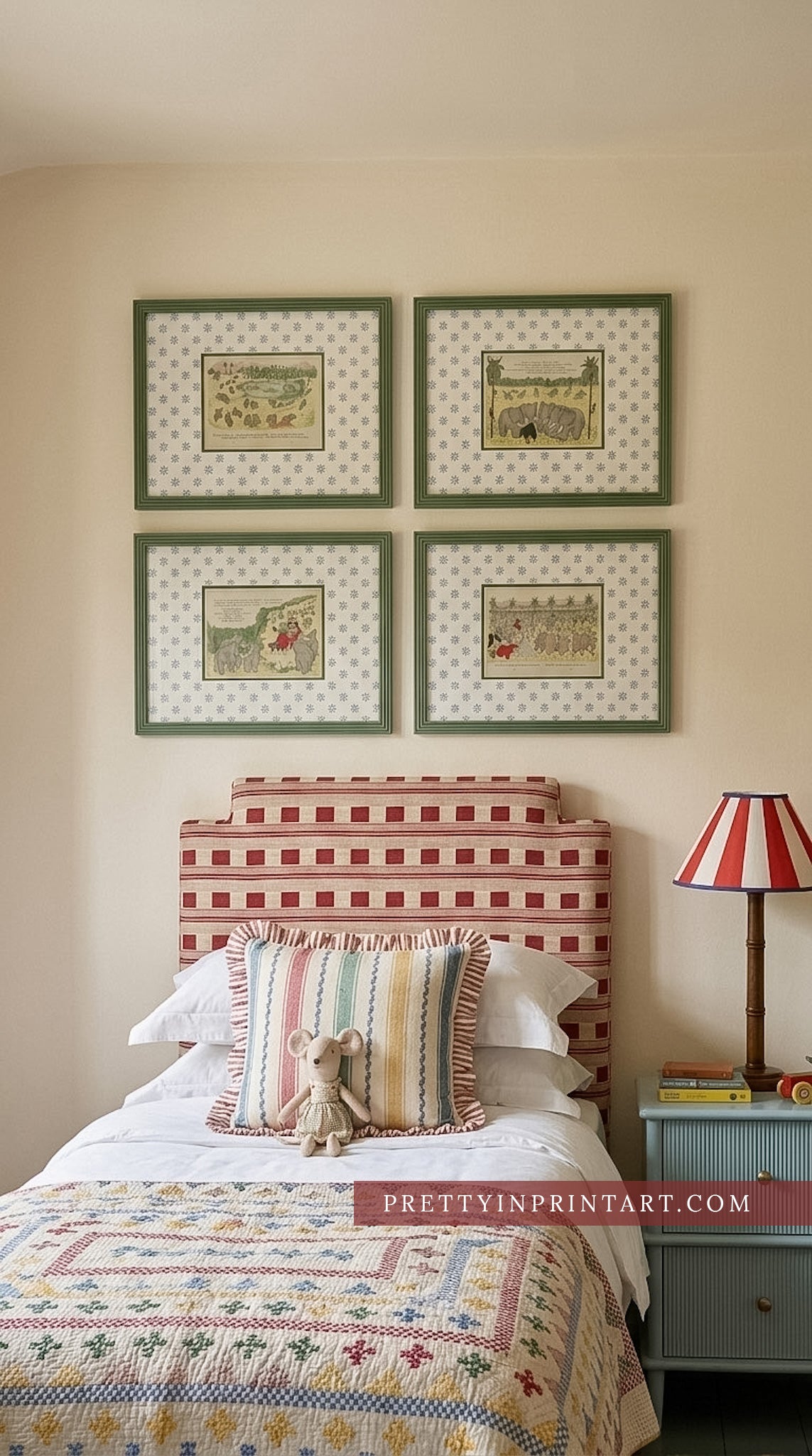 Babar Nursery Art Print in Green Hand Painted Frame | Wallpapered Mount (002)