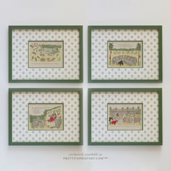 Set of 4 Babar Nursery Art Print in Green Hand Painted Frame | Wallpapered Mount