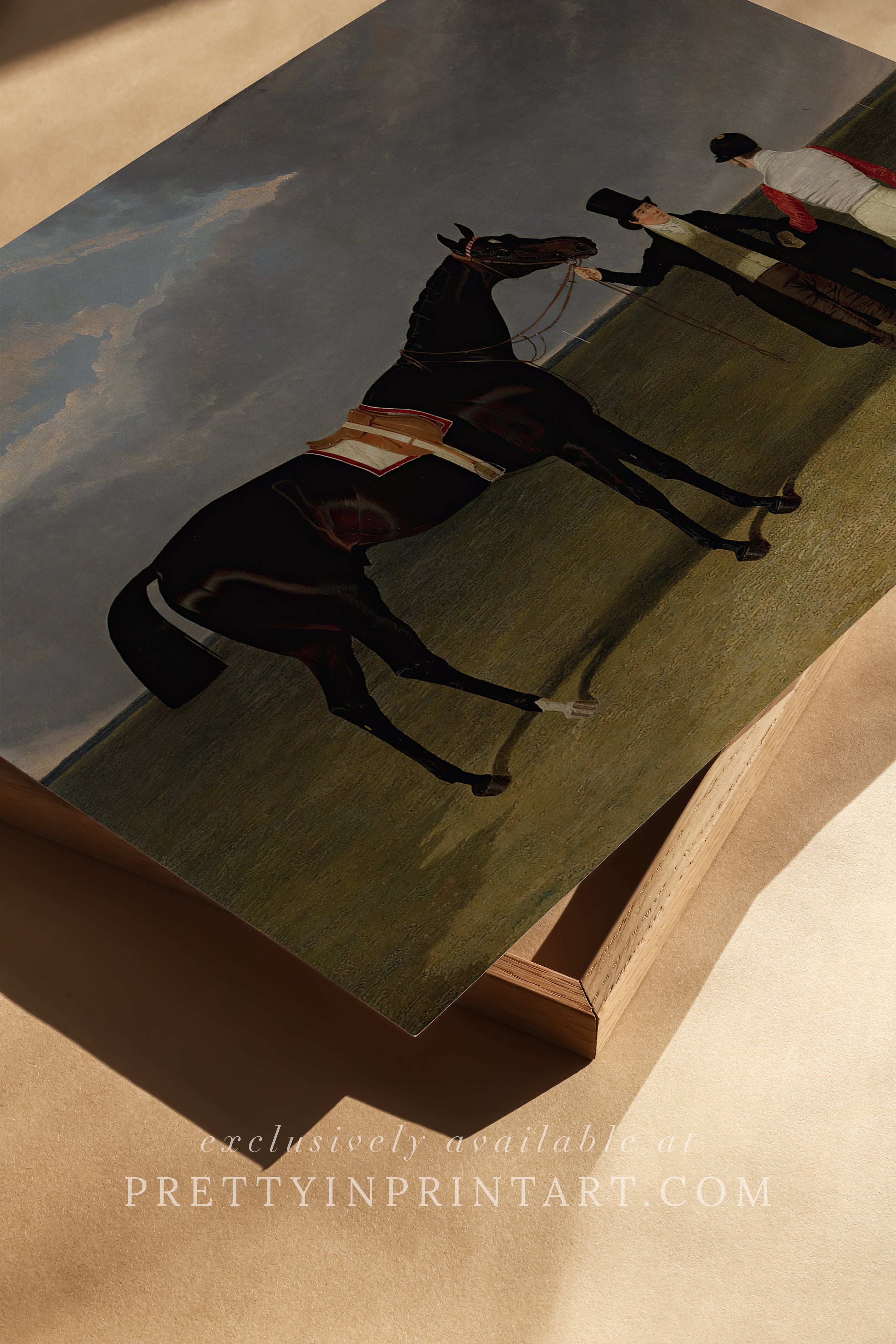 Vintage horse racing art, equestrian print in distressed black and gold antique frame, traditional racing wall décor for homes.