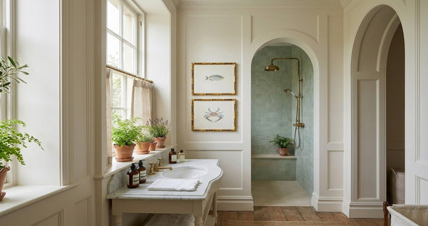 Vintage fish and crab prints in gold bamboo frames in a bathroom