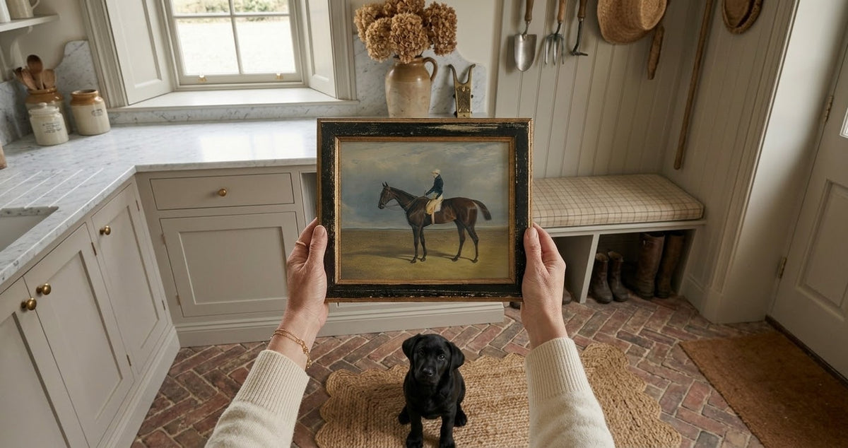 Vintage horse and jockey painting in a Handmade Frame, held up in a boot room with a black Labrador puppy
