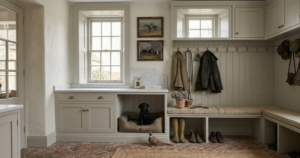 Two vintage horse paintings above a black Labrador in a boot room