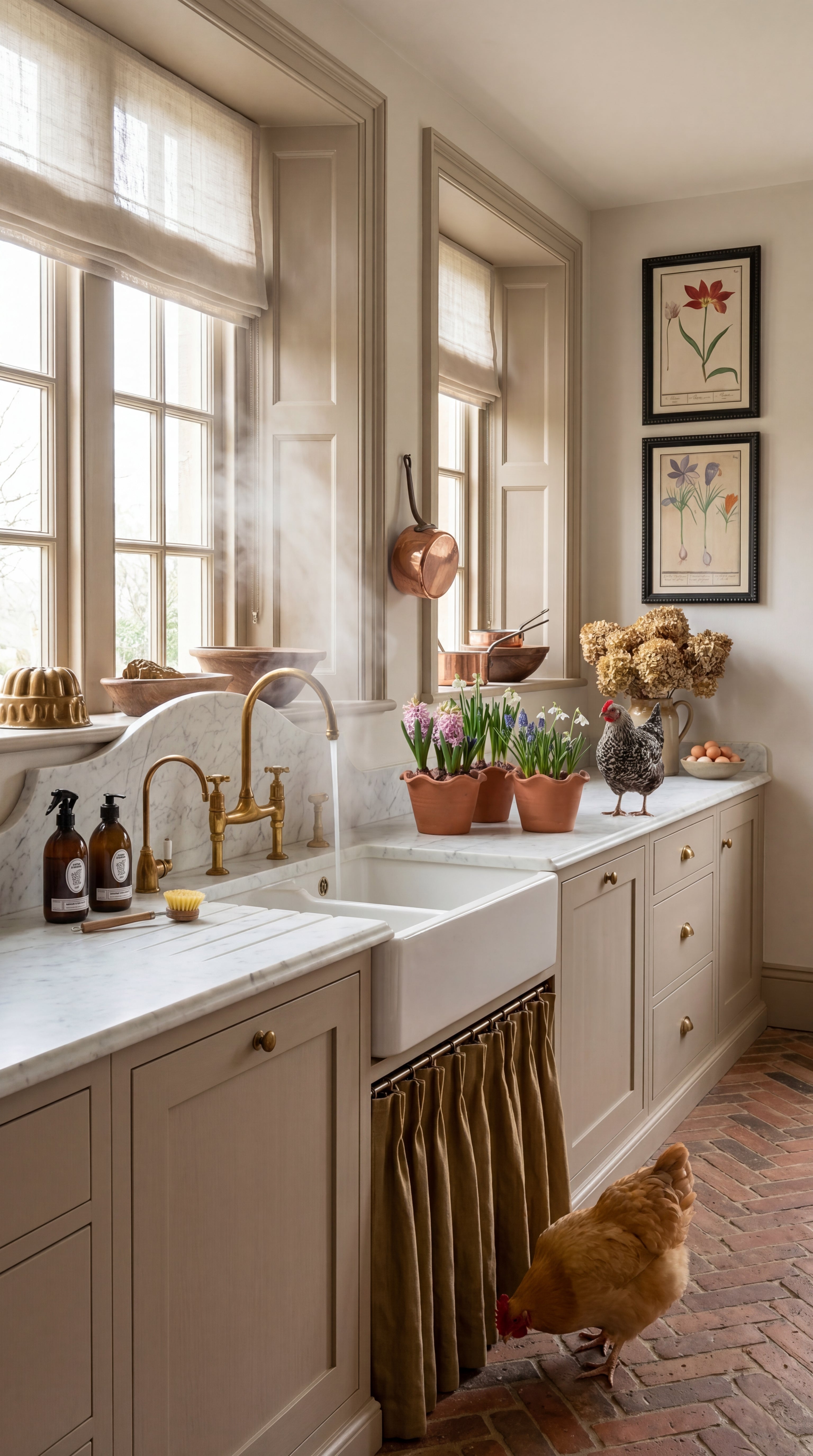 Kitchen with white marble countertop, gold faucet, and a chicken standing near the sink. showcasing ideas on kitchen wall art prints.
