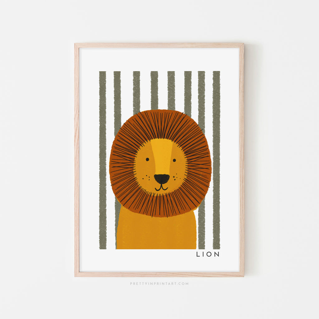 Lion Print - Green Stripes |  Framed Print